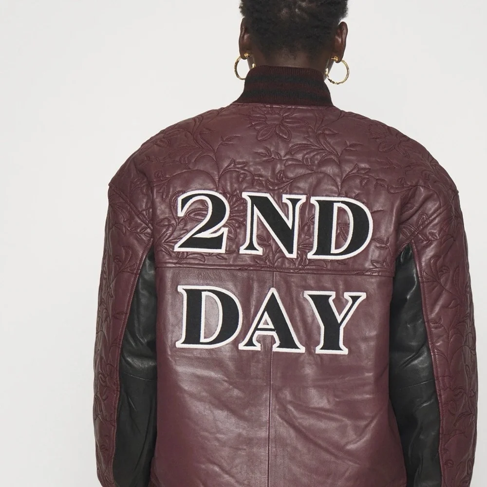 Scandinavian design Genuine leather Burgundy and Black bomber Leather Jacket 6